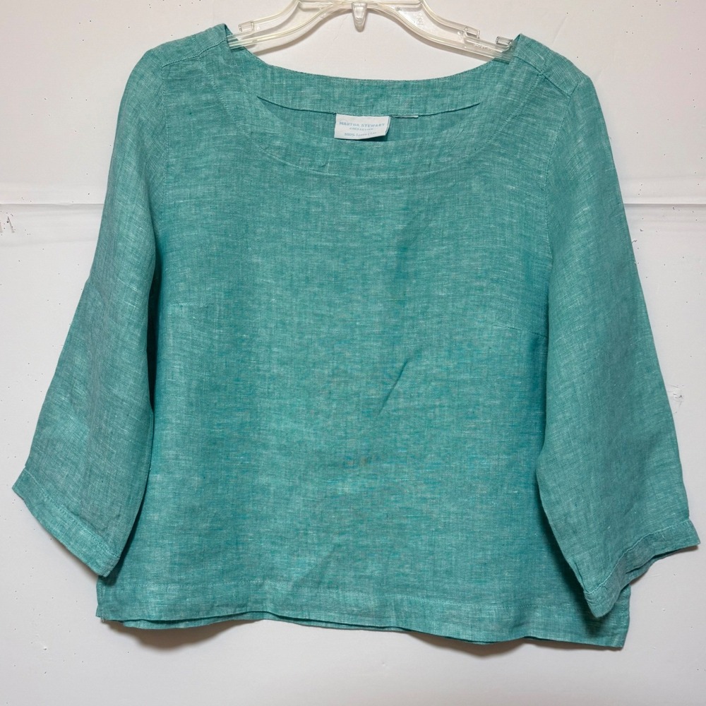 Martha Stewart 100% Linen Top Teal Women M Lagenlook Summer Vacation Resort - Picture 2 of 9